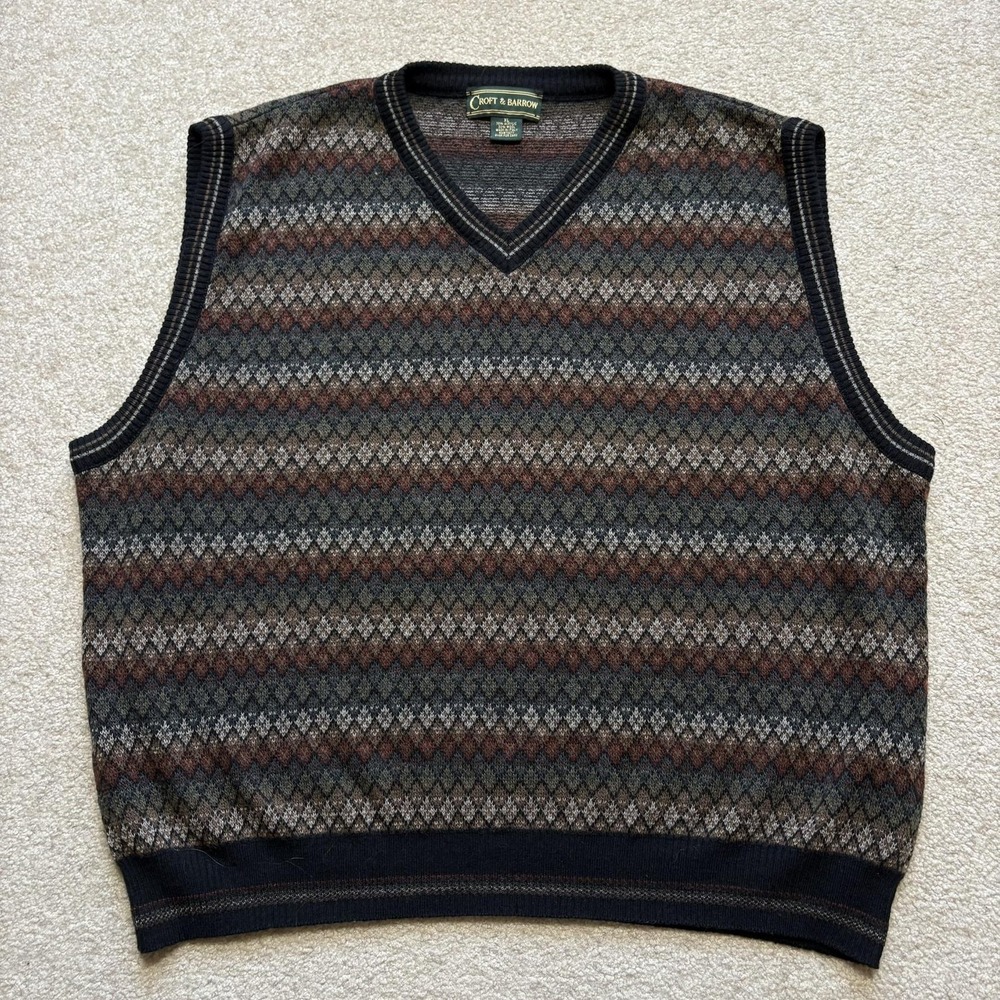 Vtg Croft & Barrow Sweater Vest Mens XL Multicolor Argyle Wool Knit V Neck Italy
